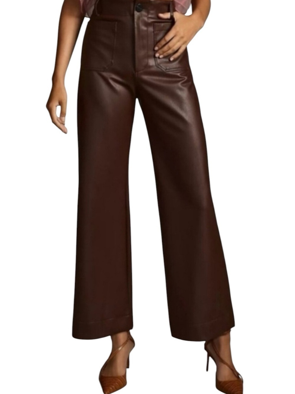 Maeve Colette Wide Leg Cropped Brown Vegan Leather Pants Sz 25 Anthropologie